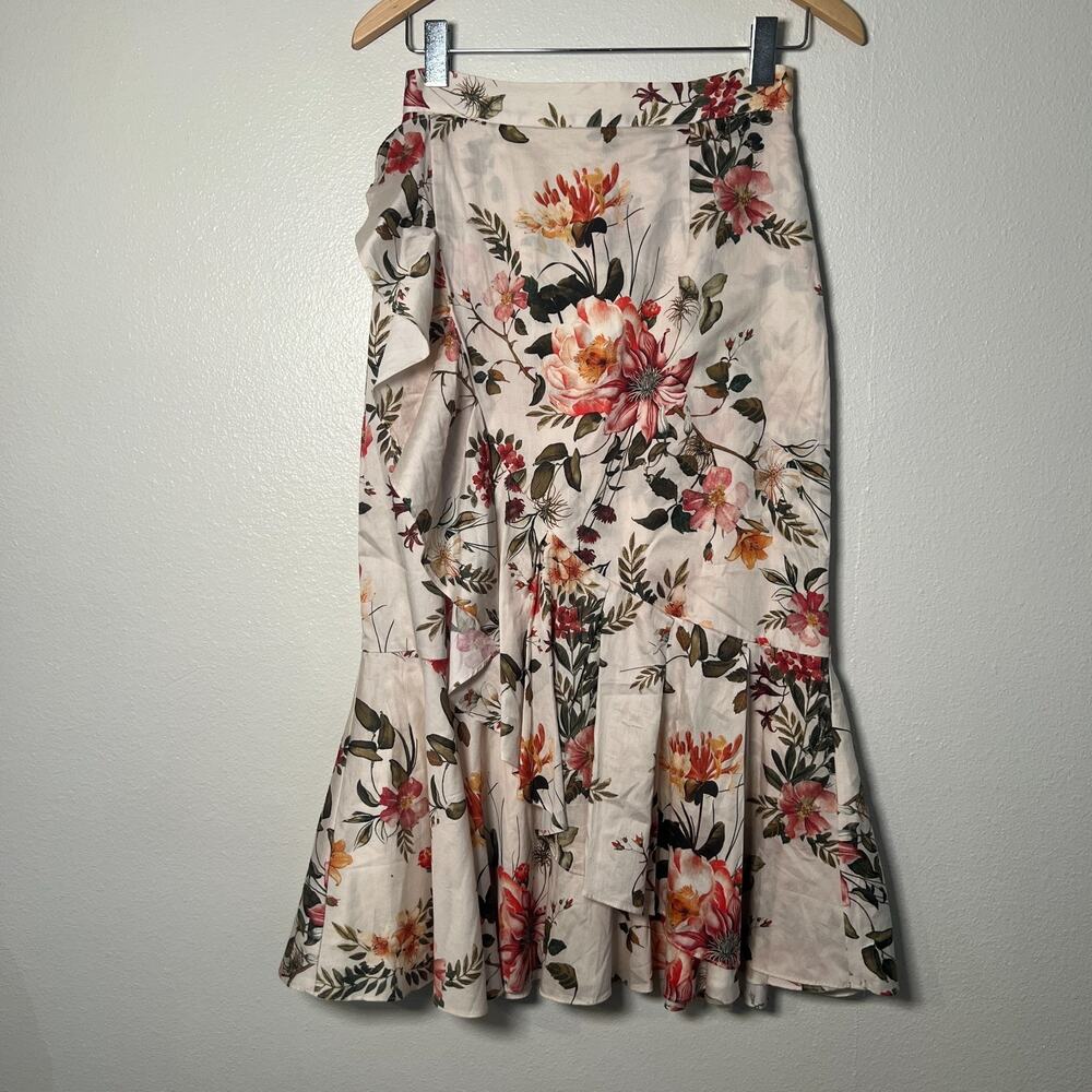 Antonio Melani Women’s Pencil Skirt Size 2 Cream Floral Peplum Ruffle